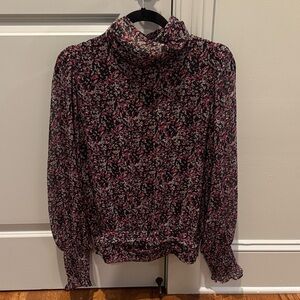 Evereve Mock Neck gathered smocked cuff Floral Blouse